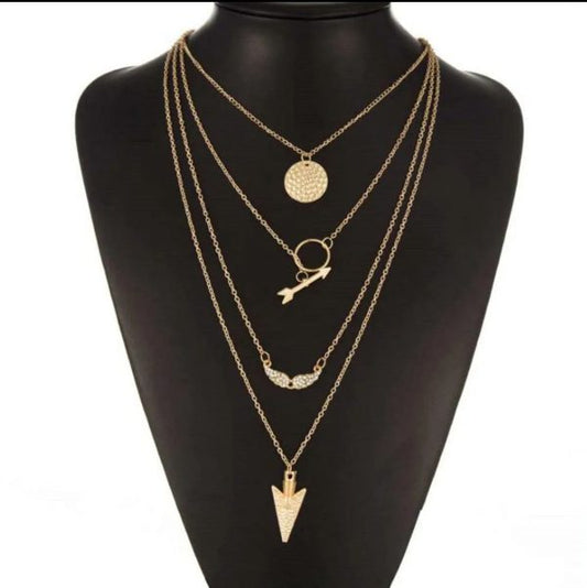 Stylish Golden Colored Ladies Necklace With 3 Layered Chains And 3 Different Pendants